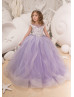 Violet Lace Applique Tulle Corset Back Long Flower Girl Dress